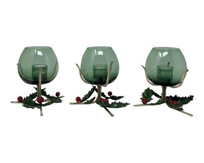 Christmas Vintage Tole and Glass Candle Votive Holders X3