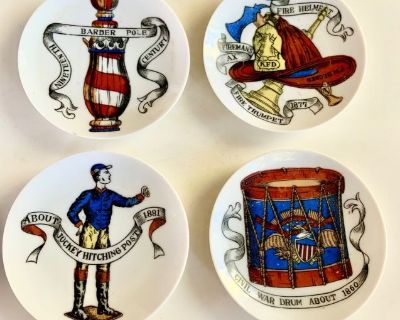 Vintage Italian FORNASETTI Set OF 4 Porcelain Coasters in Americana Motif