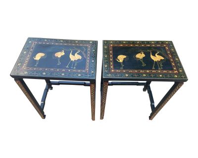 Asian Hand Painted Chinoiserie Side Table Crane a Pair