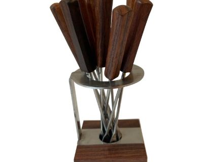Mid Century Teak Handle Hors d'Oeuvre Forks With Stand