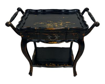 Vintage Distressed Ebonized Chinoiserie Black and Gold Lacquer Table With Tray