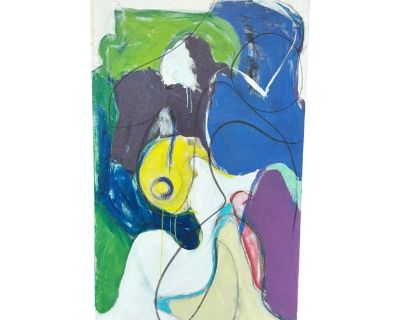 1980s era original oil on canvas in the abstract expressionism style of Wassily Kandinsky. Vivid and rich blue, green purple yellow and more in an organic pattern. Bright white canvas. Unframed. Artist signed in lower border with notes on reverse stretcher. 28 wide x 1 deep x 48 tall. One of two available on Chairish which can stand alone or present as a pair. In keeping with Aesop's fable, Fox...