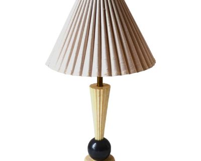 Italian Memphis Style Mid-Century Chalkware Table Lamp With Pleated Fabric Shade, Circa 1950-60's