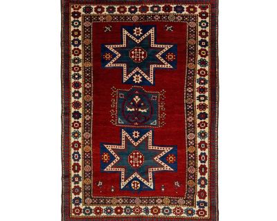 Vintage Caucasian Kazak Red Wool Rug With Geometric Motif