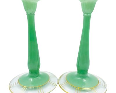 Early 20th Century Art Deco Jadeite-Style Candle Holders With Chronograph Gold Leaf Motif - a Pair