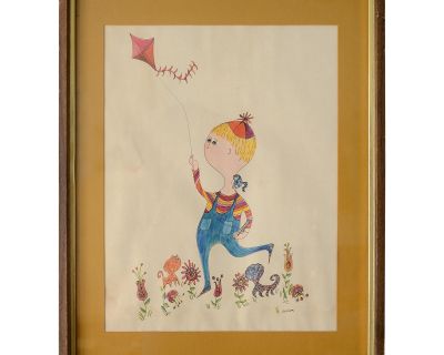 1960s MCM Whimsical Boy Flying Kite Illustration Art Print