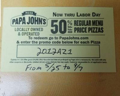 50% off papa johns pizza