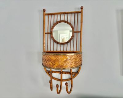 Vintage BoHo Chic, Rattan Wall Mirror with Coat Hooks and Storage Area