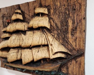 Wonderful vintage mid-century wall sculpture of sailing ship made from Vanathane by Vanguard Studios