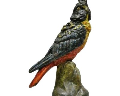 Antique Cast Iron Hand Painted Cockatoo Parrot Figurine Doorstop
