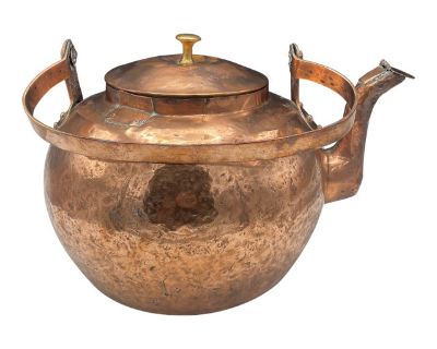 Large Hand-crafted copper teapot featuring a rounded body, a high-loop handle, and a spout. The removable lid has a brass finial. Great decor or addition to a copper collection, wonderful addition to kitchen decor. The surface shows patina and wear consistent with age and use. Suitable as a decorative piece or collectible item. 14 x 16 x 16.5. Dimensions 14 W 16 D 16.5 H Styles English Farmhous...