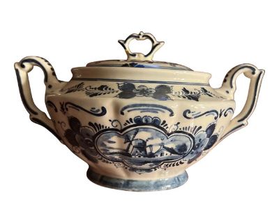Hand Painted Delft Blue Large Covered Sugar Bowl Features: - made in Holland - signed as pictured on base - beautifully handpainted design - measures 4.5" height with lid; 7" length handle to handle; 5.5" diameter - clean and ready to use perfect condition, no chips, cracks or damage. Dimensions 7 W 6 D 5 H Styles Rustic European Period 1970s Country of Origin Netherlands Item Type Vintage, Ant...