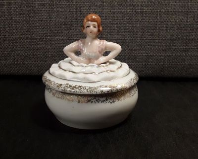 B159 Antique Japan Ceramic Doll Lid Vanity Trinket Box 3" Tall By 2.75" Round