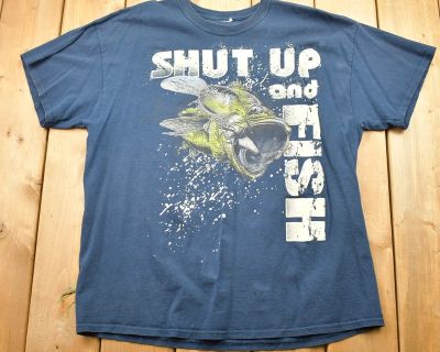 1990s Shut Up And Fish T-shirt Largemouth Bass Fishing Shirt Spell Out Lettering