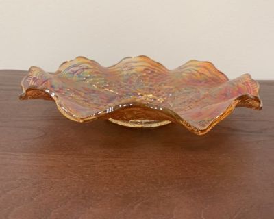 8 1/2 inch orange carnival glass ruffled dish Imperial Marigold Grape pattern.