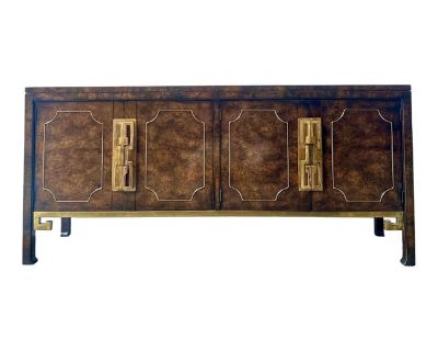 1970s Vintage Hollywood Regency Style Burlwood and Brass Credenza by Mastercraft Furniture