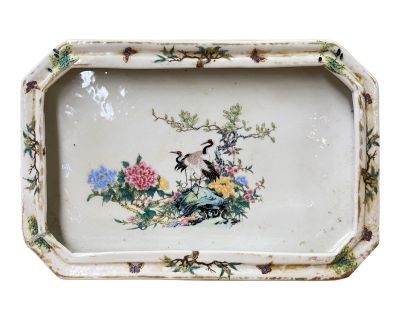 Chinese Off White Porcelain Flower Cranes Rectangular Display Plate