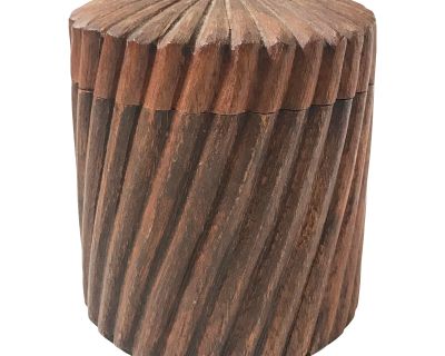 Late 20th Century Vintage Hand Carved Ribbed Wooden Trinket Box Canister With Lid