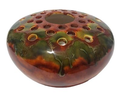 Late 20th Century Flo Westfall Ceramic Drip Glaze Vase Flower Frog Arrangement Green Brown