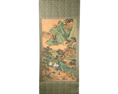 Chinese landscape scroll, freely drawn colored inks on silk, mounted on a shimmering, light and dark gold and grey, silk brocade in a leafy floral vines under an oracle bone script, lattice pattern, signed, on the lower right with one red seal mark and several red seal marks at the lower left. The exterior cover repeats the mounting. The scroll has a white cord makio and kakio at the top and li...