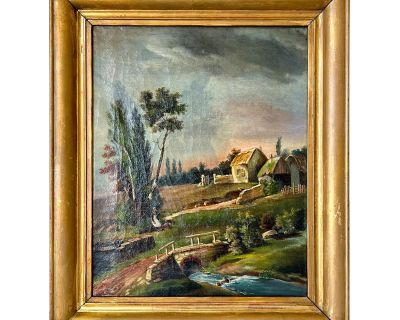19th C. Antique French Village Oil Painting
