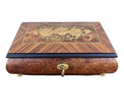 Floral Inlaid Walnut and Burl Wood Music Jewelry Box- Made in Italy