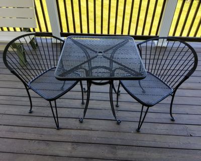 P1 Newer Wrought Iron Bistro Patio Table & Two Chairs Like New