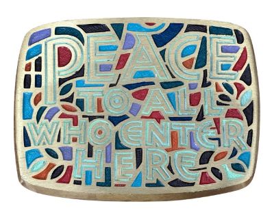1966 Terra Sancta Creations Brass Wall Plaque — “Peace to All Who Enter Here”