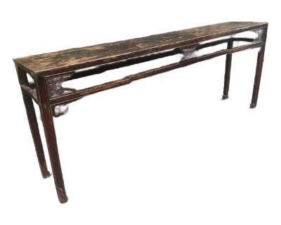 Old Asian altar table. Worn finish. Subtle carved details, Greek key feet. Narrow depth for challenging spaces.. Dimensions 85.75 W 16.25 D 34 H Styles Asian Table Shape Rectangle Period Mid 20th Century Country of Origin China Item Type Vintage, Antique or Pre-owned Shop Sustainably with Chairish Materials Wood Condition Good Condition, Original Condition Unaltered, Some Imperfections Color Br...