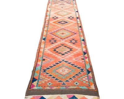 1960s Vintage Kurdish Geometric Wool Low Pile Narrow Hand-Knotted Runner- 2’11” X 11’4”