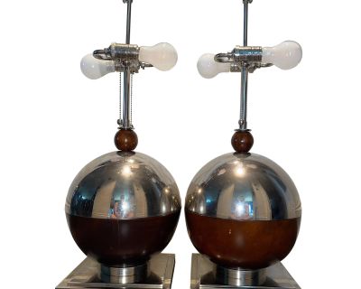 Visual Comfort Large Scale Wood & Chrome Ball Lamps, a Pair