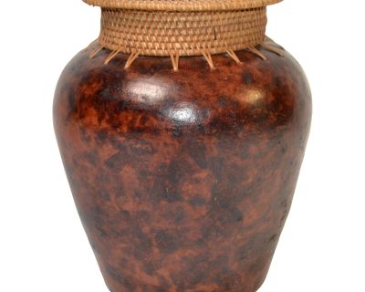 Late 20th Century Vintage Native American Style Handmade Brown Clay Pottery Rattan Table Vase