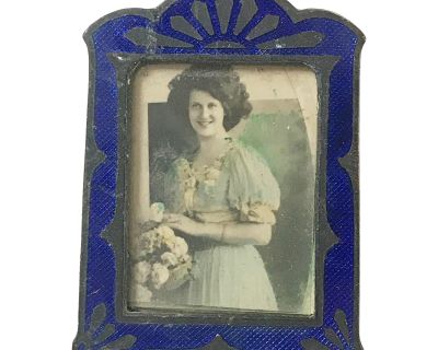 Vintage Blue Enamel Art Deco Miniature Tombstone Shaped Picture Frame & Photo