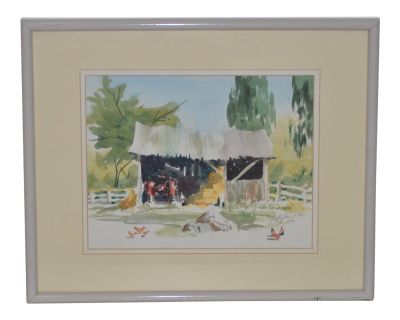 Jake Lee (1915-1991) Original Watercolor "Tractor in the Barn" C.1990