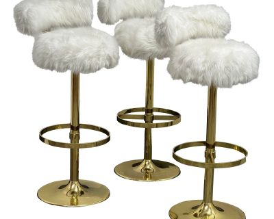 Mod 1970s Swivel Barstools With Fur Upholstery, Set of Three
