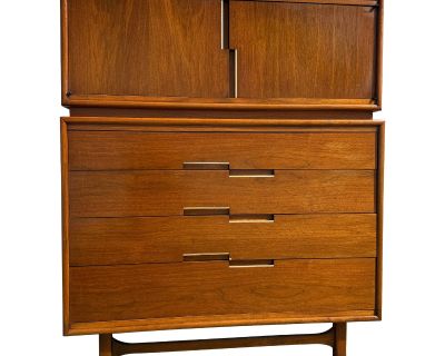 1960s Cavalier Furniture Mid Century Walnut and Brass Highboy Dresser