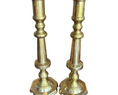 Vintage Solid Brass Tall Candlesticks, a Pair