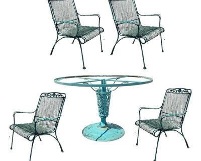 Vintage Woodard Style Wrought Iron Patio Dining Chairs & Round Pedestal Base Table, 5 Pieces