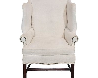Store Item: Hancock & Moore Mahogany Chippendale Style Wing Chair High End Designer Fabric Description: Chairs feature a high back flanked by wings, rolled arms, single seat cushion resting on fluted legs with H stretcher. Upholstered in a beautiful designer high end cream fabric with brass nail head trim. Made in Hickory, North Carolina. Hancock & Moore is one of the finest high end furniture ...