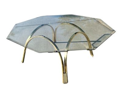 1970s Vintage Mid Century Modern Roger Sprunger Style Octagon Brass Plated Metal Glass Coffee Table