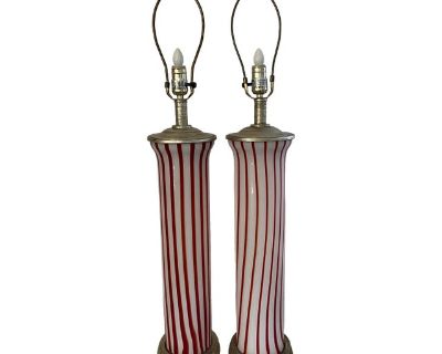 Mid Century Italian Murano Style Glass Tall Red & White Candy Stripe Table Lamps, a Pair