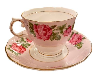 1940s Teacup and Saucer Pink With Red Roses Gold Trim, England