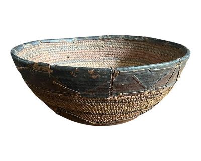 Early 20th Century Large Aged African Leather and Coil Basket Bowl