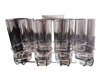 Chrome Glass Caddy With 8 Glasses Retro Mid-Century Modern