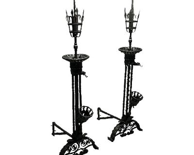 Pair Monumental Samuel Yellin Style Wrought Iron Andirons, Italian Renaissance