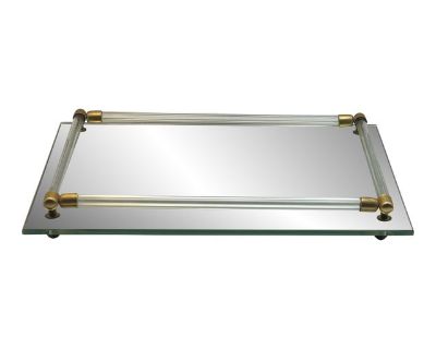 A mirrored vanity tray with glass rails capped with brass made in the late twentieth century.. Dimensions 8 W 11 D 1.25 H Styles Art Deco Minimalism Period Late 20th Century Item Type Vintage, Antique or Pre-owned Shop Sustainably with Chairish Materials Metal Mirror Condition Good Condition, Original Condition Unaltered, Some Imperfections Color Silver Condition Notes In very good condition wi...