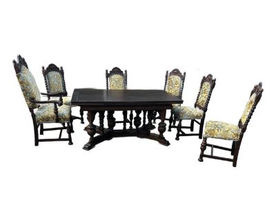Antique Jacobean Style Renaissance Oak Dining Table and Chairs - Set of 7