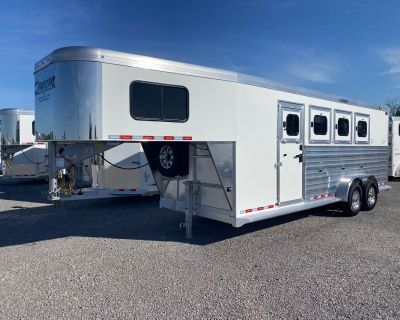 2025 Cimarron Trailers 4 Horse RTG Select, 2025 Cimarron 4 Horse RTG Premium Upgrades Over Standard RTG 7'7" Tall +6" over standard 42" Wide Stalls +3" per stall 16" LED lights on both sides of Trailer Folding Rear Tack Room Drop Down Windows on Tail-side Bar-type Dividers Pads on Dividers & Slantwall Stall Fans Gray Rubber Tread Flooring in Dressing Room Extra Optibrite LED Dome light Folding ...