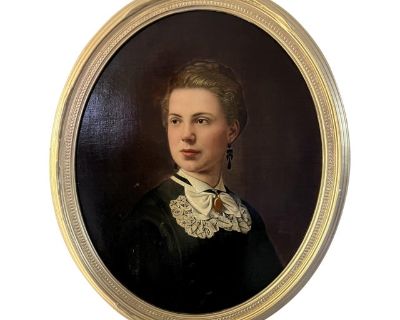 Antique 19th Century Oil Painting on Canvas, Female Portrait , Oval Frame