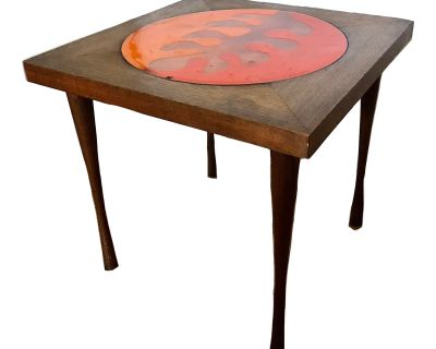 1950s Vintage Mid Century Teak Wood Tapered Legs Orange Gold Copper Enamel Abstract Side Table